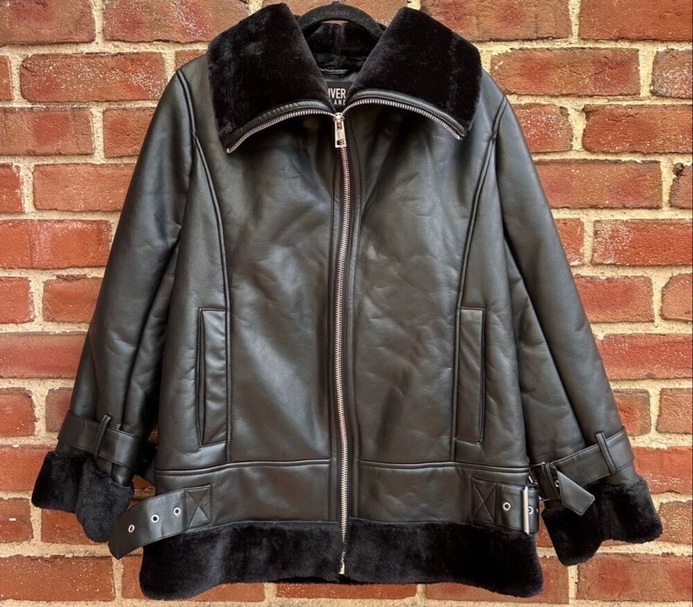 ASOS River Island Faux Fur Aviator Leather Coat Black Womens Size 6 NEW